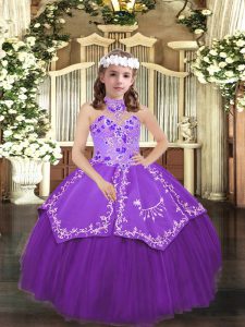 Floor Length Lace Up Little Girls Pageant Gowns Eggplant Purple for Party and Sweet 16 and Wedding Party with Embroidery