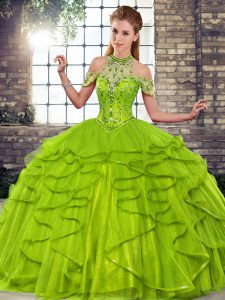 Colorful Olive Green Ball Gowns Tulle Halter Top Sleeveless Beading and Ruffles Floor Length Lace Up Quinceanera Gowns
