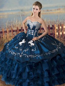 Navy Blue Sleeveless Satin and Organza Lace Up Ball Gown Prom Dress for Sweet 16 and Quinceanera