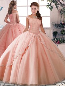 Cute Peach Ball Gowns Tulle Off The Shoulder Sleeveless Beading Lace Up Quinceanera Gowns Brush Train