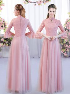 3 4 Length Sleeve Floor Length Lace Zipper Quinceanera Dama Dress with Pink