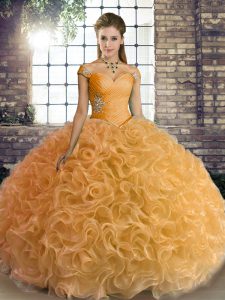 Unique Off The Shoulder Sleeveless Lace Up Sweet 16 Dresses Gold Fabric With Rolling Flowers