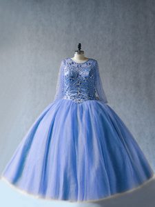 Blue Ball Gowns Scoop Long Sleeves Tulle Floor Length Lace Up Beading Vestidos de Quinceanera