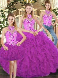 Best Selling Fuchsia Three Pieces Embroidery and Ruffles 15 Quinceanera Dress Lace Up Tulle Sleeveless Floor Length