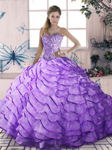 Modern Lavender Quinceanera Dress Sweet 16 and Quinceanera with Beading and Ruffled Layers Sweetheart Sleeveless Lace Up