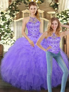 Affordable Floor Length Lavender Quinceanera Gown Tulle Sleeveless Beading and Ruffles