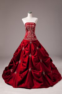 Super Wine Red Quinceanera Gown Sweet 16 and Quinceanera with Embroidery and Pick Ups Strapless Sleeveless Brush Train Lace Up