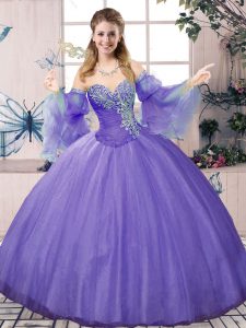 Pretty Lavender Tulle Lace Up Sweetheart Sleeveless Floor Length Quinceanera Gown Beading