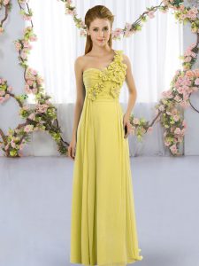 Dramatic Yellow Green Sleeveless Floor Length Hand Made Flower Lace Up Dama Dress