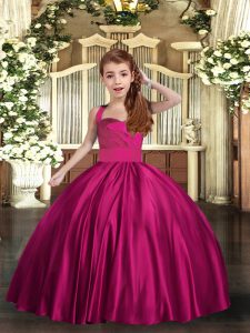 Fuchsia Straps Neckline Ruching Pageant Dress for Girls Sleeveless Lace Up