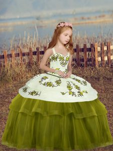 Olive Green Custom Made Pageant Dress Party and Wedding Party with Embroidery Straps Sleeveless Lace Up