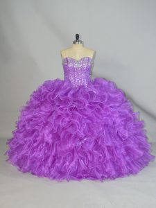 Excellent Sleeveless Floor Length Beading and Ruffles Lace Up 15 Quinceanera Dress with Purple