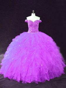 Tulle Off The Shoulder Sleeveless Lace Up Beading and Ruffles Quince Ball Gowns in Purple