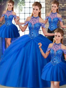 Pretty Blue Sweet 16 Quinceanera Dress Halter Top Sleeveless Brush Train Lace Up