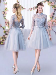 Knee Length Grey Dama Dress Tulle Half Sleeves Lace and Belt