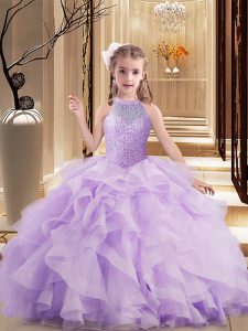 High-neck Sleeveless Little Girl Pageant Dress Floor Length Beading and Ruffles Lavender Tulle