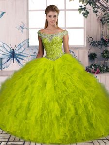 Elegant Olive Green Off The Shoulder Lace Up Beading and Ruffles Vestidos de Quinceanera Brush Train Sleeveless