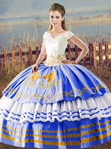 Custom Designed Sleeveless Asymmetrical Embroidery and Ruffled Layers Lace Up Vestidos de Quinceanera with Blue And White