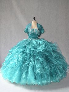 Turquoise Strapless Lace Up Beading Sweet 16 Quinceanera Dress Sleeveless