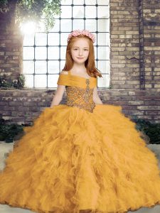 Gold Ball Gowns Beading Little Girls Pageant Dress Lace Up Tulle Sleeveless Floor Length