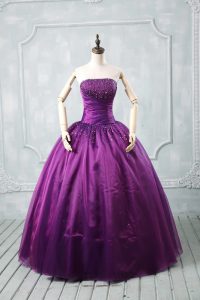 Purple Strapless Neckline Beading Quinceanera Dresses Sleeveless Lace Up