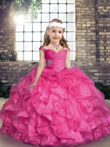 Hot Pink Straps Neckline Beading and Ruffles Kids Formal Wear Sleeveless Lace Up