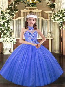 Custom Design Halter Top Sleeveless Lace Up Kids Pageant Dress Blue Tulle