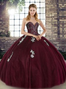 Best Sleeveless Floor Length Beading and Appliques Lace Up Quince Ball Gowns with Burgundy