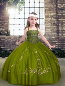 Olive Green Tulle Lace Up Pageant Dress Wholesale Sleeveless Floor Length Beading