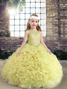 Fabric With Rolling Flowers Scoop Sleeveless Lace Up Beading Pageant Gowns For Girls in Yellow Green