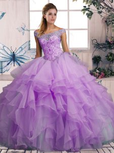 Sophisticated Floor Length Lace Up Quinceanera Gown Lavender for Military Ball and Sweet 16 and Quinceanera with Beading and Ruffles