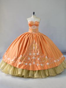 Flare Sweetheart Sleeveless Quinceanera Dresses Floor Length Embroidery and Ruffled Layers Orange Satin and Organza