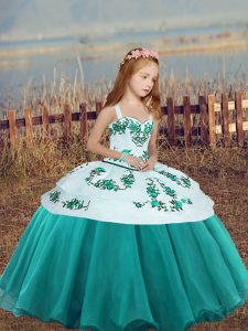 Teal Straps Lace Up Embroidery Girls Pageant Dresses Sleeveless
