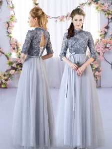 Glorious Grey High-neck Neckline Appliques Dama Dress Half Sleeves Lace Up