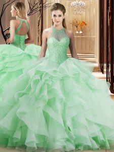 Apple Green Lace Up Halter Top Beading and Ruffles Quinceanera Dresses Organza Sleeveless Brush Train