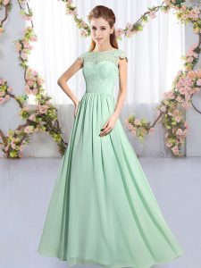 High Quality Apple Green Empire Lace Quinceanera Dama Dress Clasp Handle Chiffon Cap Sleeves Floor Length