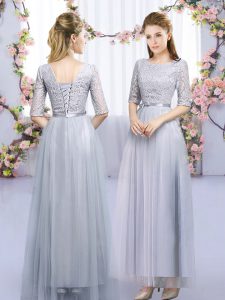 Empire Dama Dress for Quinceanera Grey Scoop Tulle Half Sleeves Floor Length Lace Up
