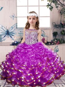 Modern Scoop Sleeveless Little Girls Pageant Gowns Floor Length Beading and Ruffles Lilac Organza