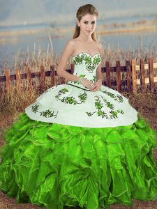 Dynamic Sweetheart Sleeveless Quinceanera Gowns Floor Length Embroidery and Ruffles and Bowknot Green Organza