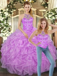 Shining Lilac Sleeveless Floor Length Beading and Ruffles Lace Up Quinceanera Dresses