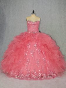 Sophisticated Ball Gowns 15 Quinceanera Dress Watermelon Red Sweetheart Organza Sleeveless Floor Length Lace Up