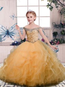 Gold Lace Up Little Girls Pageant Dress Beading and Ruffles Sleeveless Floor Length