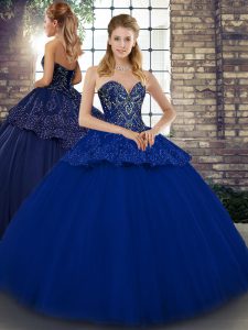Sweetheart Sleeveless Quince Ball Gowns Floor Length Beading and Appliques Royal Blue Tulle