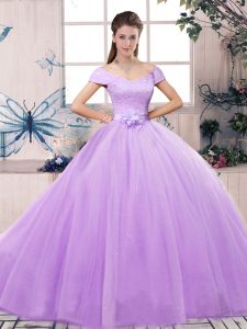 Exquisite Tulle Short Sleeves Floor Length Quinceanera Gowns and Lace and Hand Made Flower