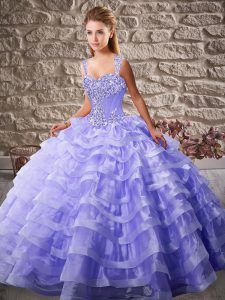 Lavender Ball Gowns Straps Sleeveless Organza Court Train Lace Up Beading and Ruffled Layers 15th Birthday Dress