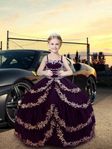 Most Popular Dark Purple Sleeveless Embroidery Floor Length Little Girl Pageant Dress