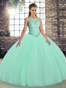 Popular Apple Green Tulle Lace Up Sweet 16 Dresses Sleeveless Floor Length Embroidery