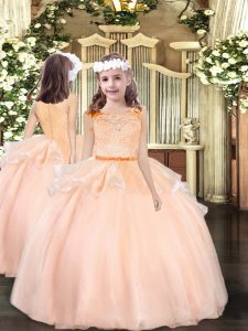 Amazing Peach Organza Zipper Scoop Sleeveless Floor Length Girls Pageant Dresses Lace