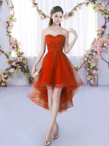 Rust Red A-line Sweetheart Sleeveless Tulle High Low Lace Up Lace Dama Dress for Quinceanera