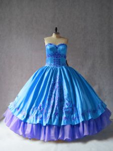 Sweetheart Sleeveless Quinceanera Gowns Floor Length Embroidery Blue Satin and Organza